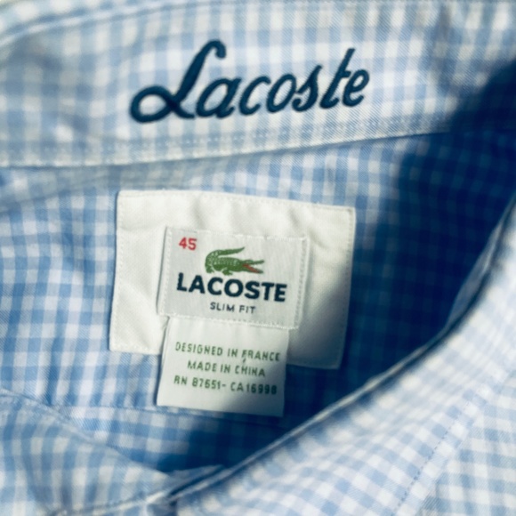 Lacoste 45 Slim Fit Button Down 100% Cotton Pockets Blue Check - Picture 2 of 7